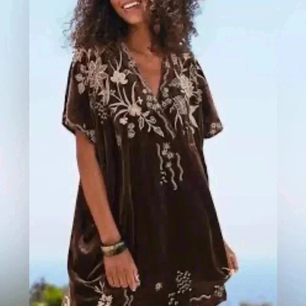 JOHNNY WAS Maree velvet effortless floral tunic Embroidered kaftan dress size XS